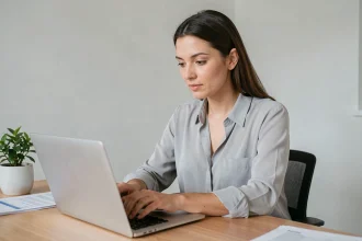 Femme consultant son espace client Cofidis sur un ordinateur portable dans un bureau à domicile moderne
