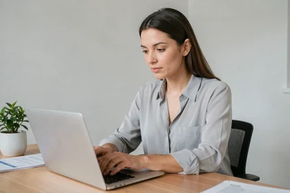 Femme consultant son espace client Cofidis sur un ordinateur portable dans un bureau à domicile moderne