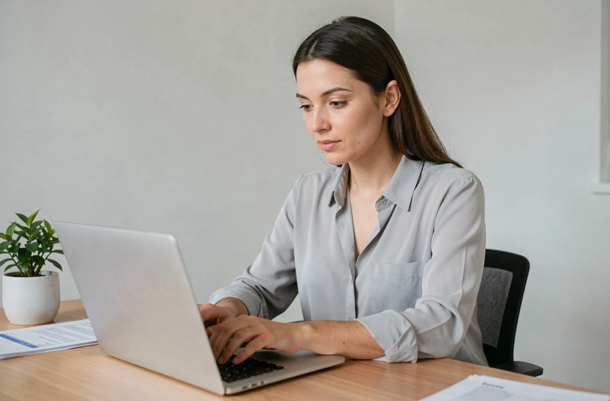 Femme consultant son espace client Cofidis sur un ordinateur portable dans un bureau à domicile moderne