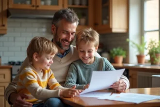 Famille assise à la cuisine en train de revoir des documents