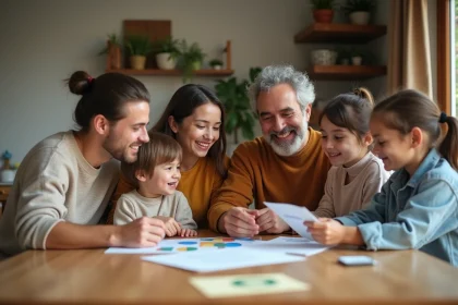 Famille multigenerations souriante autour d'une table