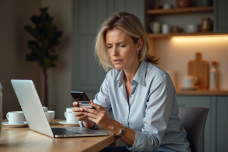 Femme concentrée utilisant son smartphone pour un achat en ligne dans la cuisine