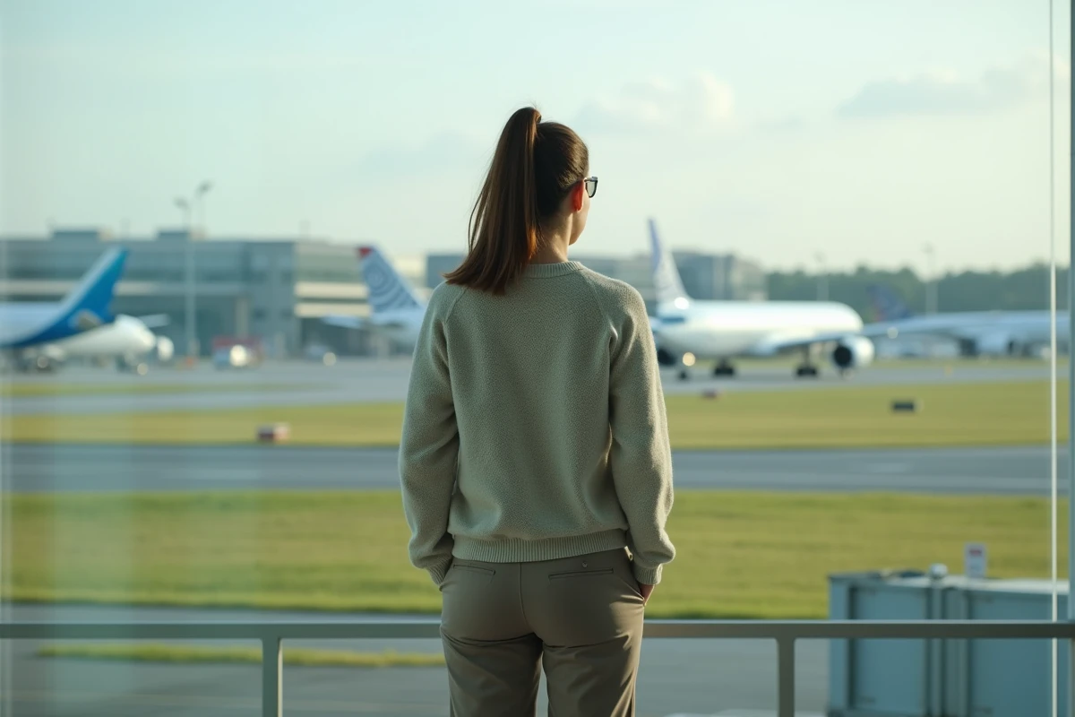 Jeune femme regardant les avions depuis une plateforme d