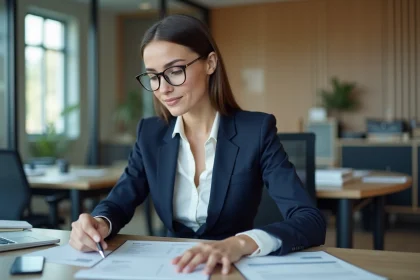 Femme d'affaires en costume vérifiant une facture
