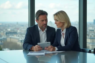 Femme d'affaires française en costume navy dans un bureau moderne