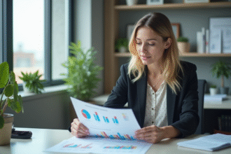 Femme d'affaires analysant des graphiques financiers dans un bureau lumineux