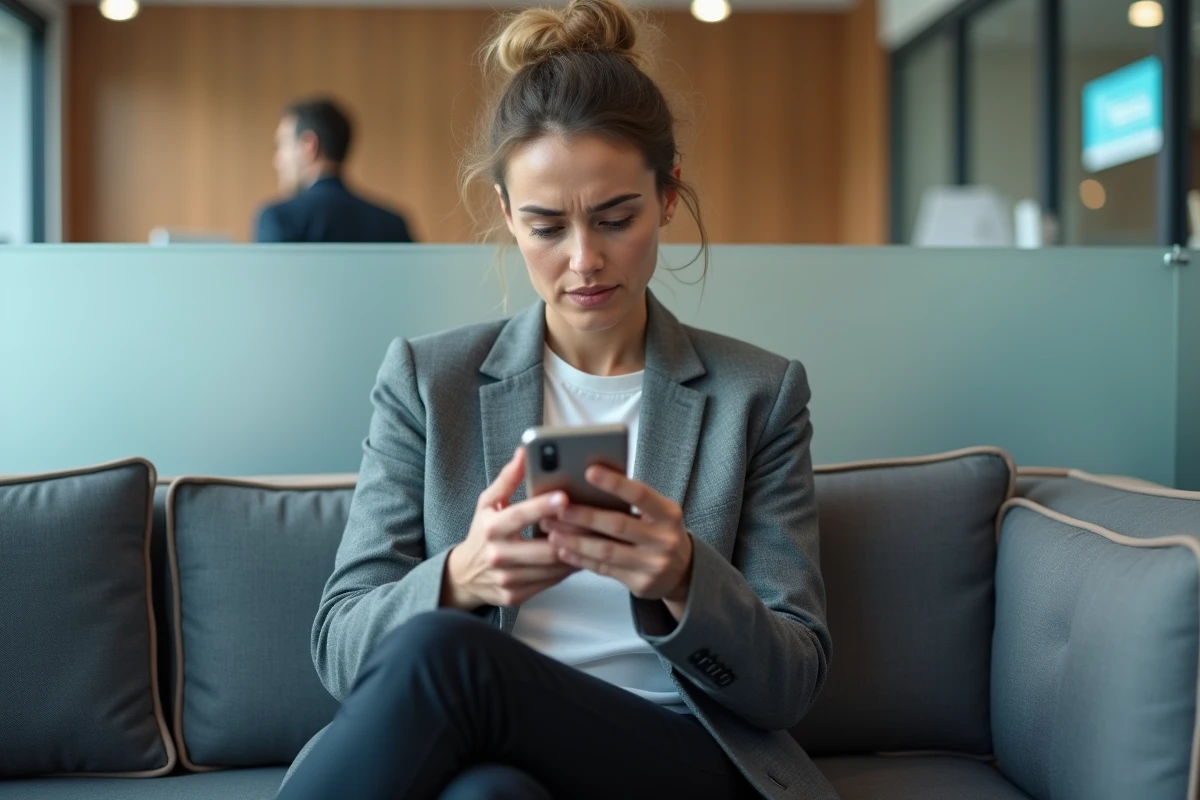 Femme en agence bancaire consultant son téléphone après un échec de connexion à son espace client
