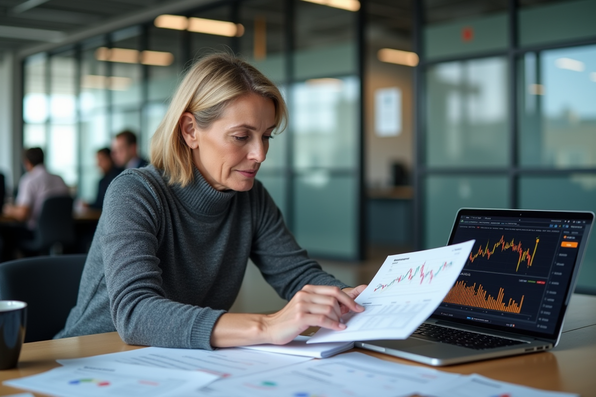 Femme analysant des graphiques de cryptomonnaie dans un espace de coworking