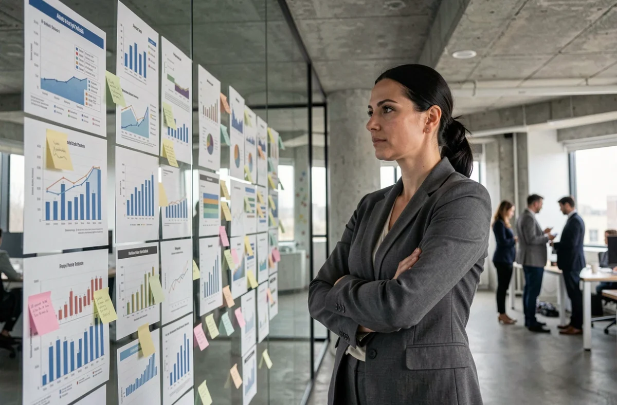 Femme analyste devant un mur de graphiques de comparaison de données EPA boursières dans un espace de travail moderne
