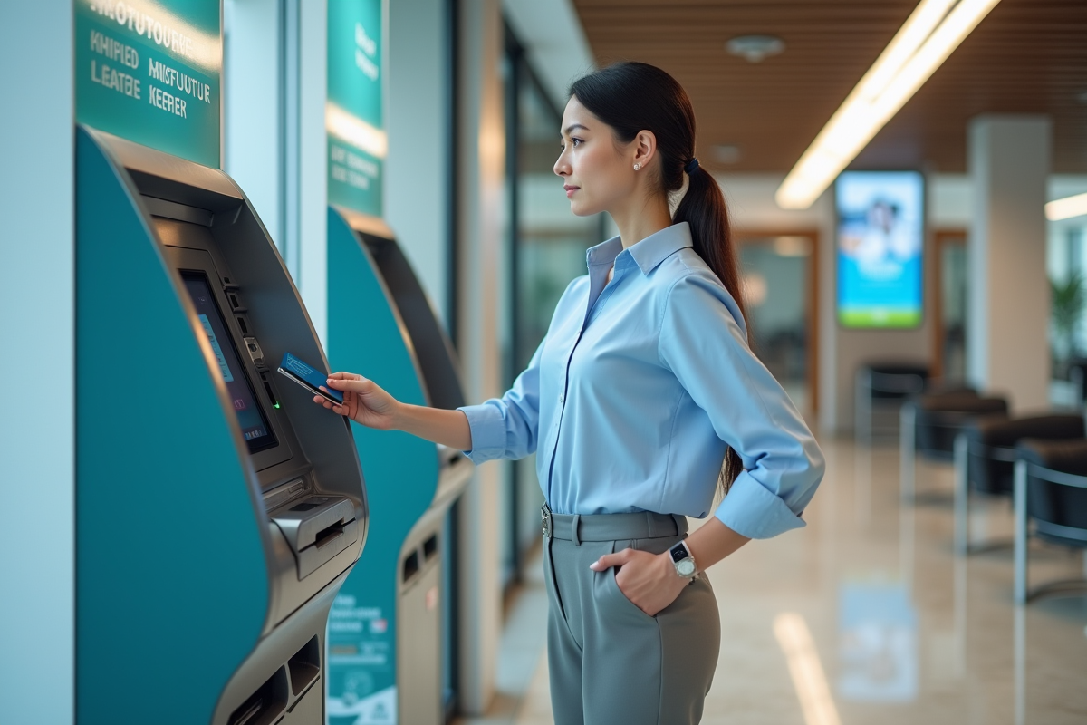 Jeune femme utilisant un distributeur automatique de billets