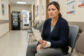 Femme blessée au poignet dans une salle d'attente d'hôpital tenant un document d'assurance accident de la vie