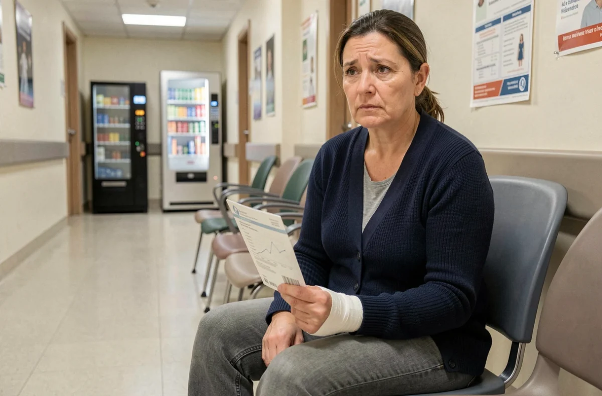 Femme blessée au poignet dans une salle d'attente d'hôpital tenant un document d'assurance accident de la vie