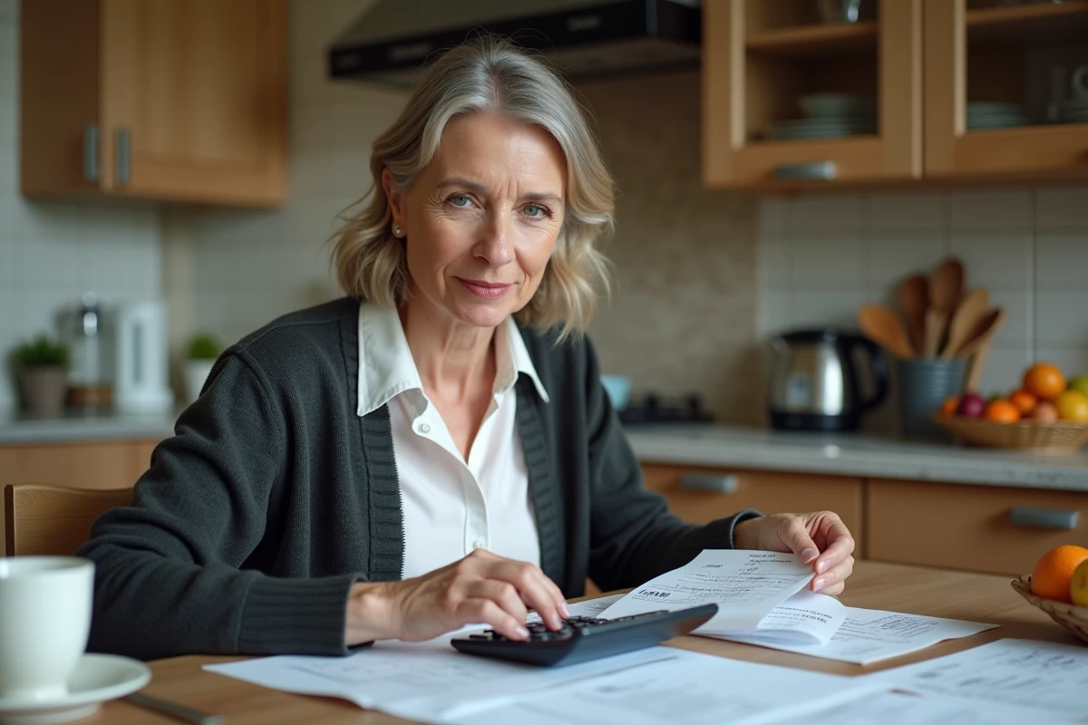 Femme d age moyen utilisant une calculatrice à la cuisine