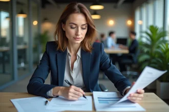 Femme cadre analysant des fiches de salaire et des comparatifs de rémunération dans un bureau moderne en France
