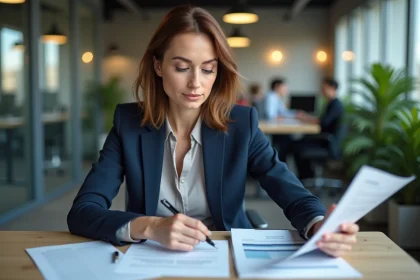 Femme cadre analysant des fiches de salaire et des comparatifs de rémunération dans un bureau moderne en France