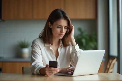 Femme au bureau cuisine vérifiant son ordinateur portable