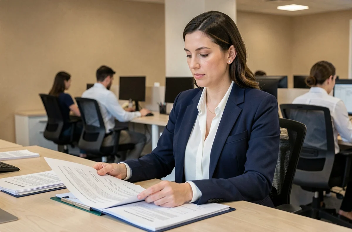 Femme professionnelle analysant un dossier de financement au bureau pour un service client Cofica Bail