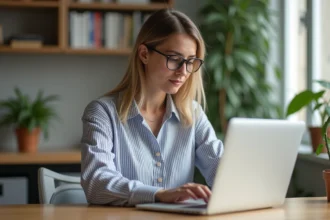 Femme concentrée travaillant sur son ordinateur dans un appartement lumineux