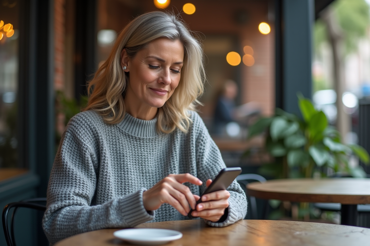 Femme détendue utilisant une appli Bitcoin au café