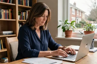 Femme consultant des documents sur les allocations chômage à son bureau à domicile