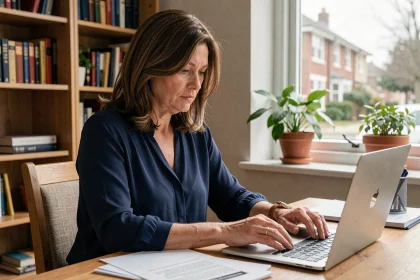 Femme consultant des documents sur les allocations chômage à son bureau à domicile