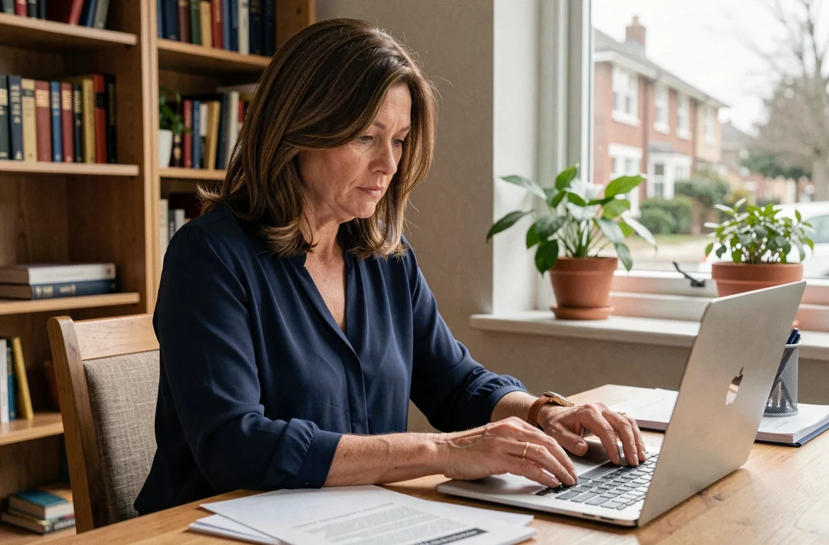 Femme consultant des documents sur les allocations chômage à son bureau à domicile