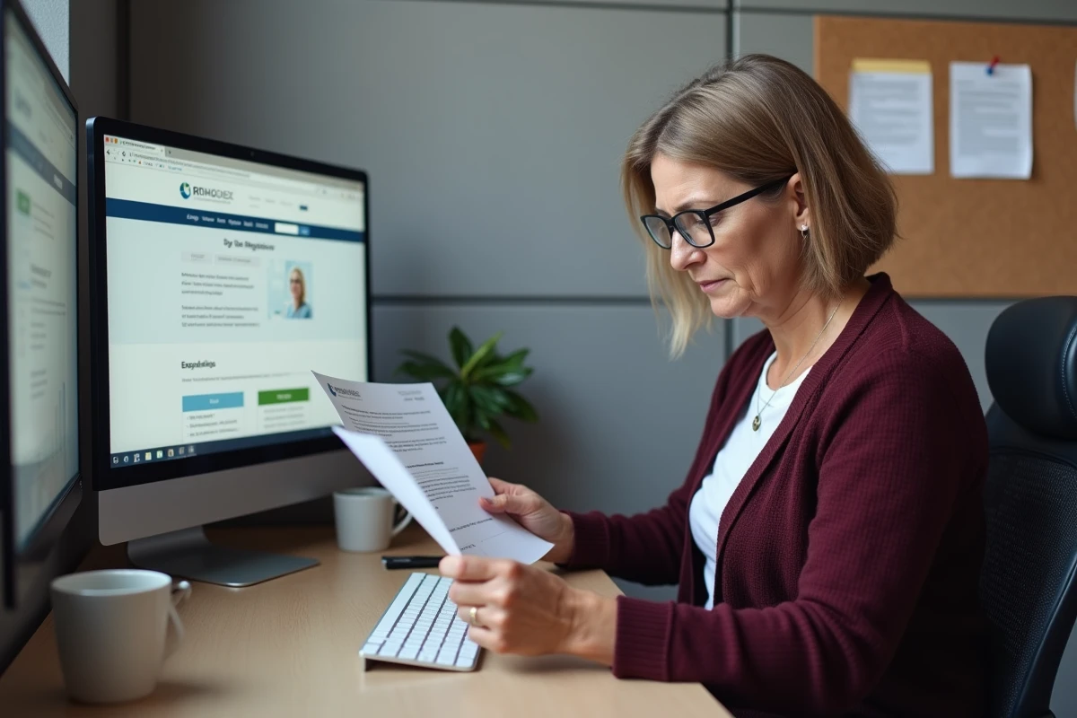 Femme senior consultant un modèle de lettre de réclamation Cetelem sur ordinateur de bureau dans un bureau administratif