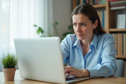 Femme consultant un relevé bancaire La Banque Postale sur son ordinateur portable à son bureau à domicile