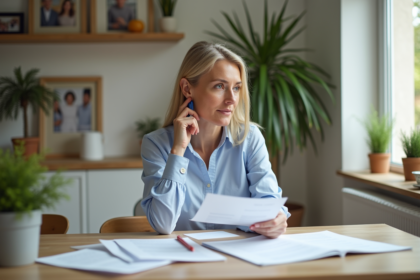 Femme d'âge moyen lisant un contrat d'assurance vie à la maison
