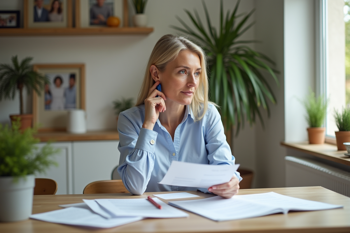 Femme d'âge moyen lisant un contrat d'assurance vie à la maison