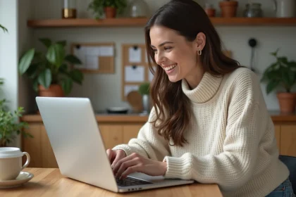Femme souriante créant une campagne de crowdfunding à la maison