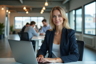 Jeune femme française travaillant sur un ordinateur avec graphique crypto