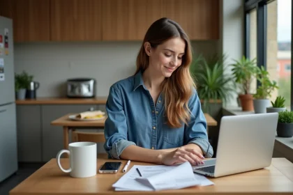 Jeune femme utilisant un site cashback à la maison