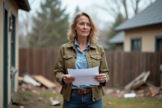 Femme examinant des documents devant sa maison endommagee
