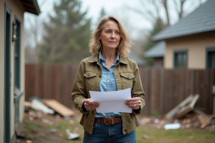 Femme examinant des documents devant sa maison endommagee