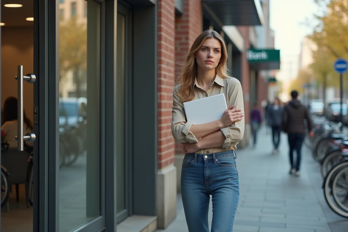 Jeune femme debout devant une agence bancaire avec dossier
