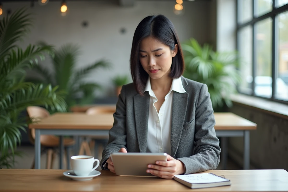 Femme dirigeante de PME utilisant un simulateur fiscal TVS sur tablette dans un espace de coworking