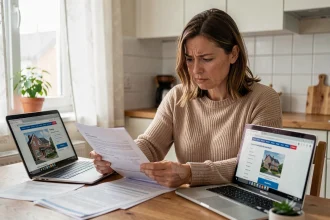 Femme consultant des documents administratifs sur les APL à la table de sa cuisine