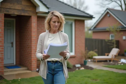 Femme en jean et pull devant maison inondée
