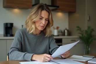 Femme consultant des documents financiers et un calendrier pour planifier une prime versée en plusieurs fois en 2026