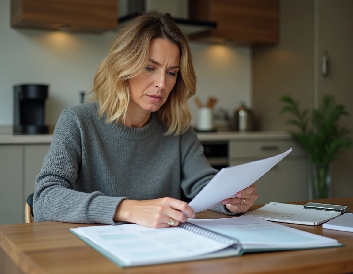 Femme consultant des documents financiers et un calendrier pour planifier une prime versée en plusieurs fois en 2026