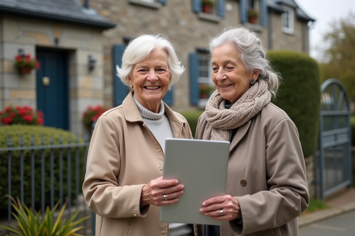Femme âgée et fille devant une maison bretonne en pierre