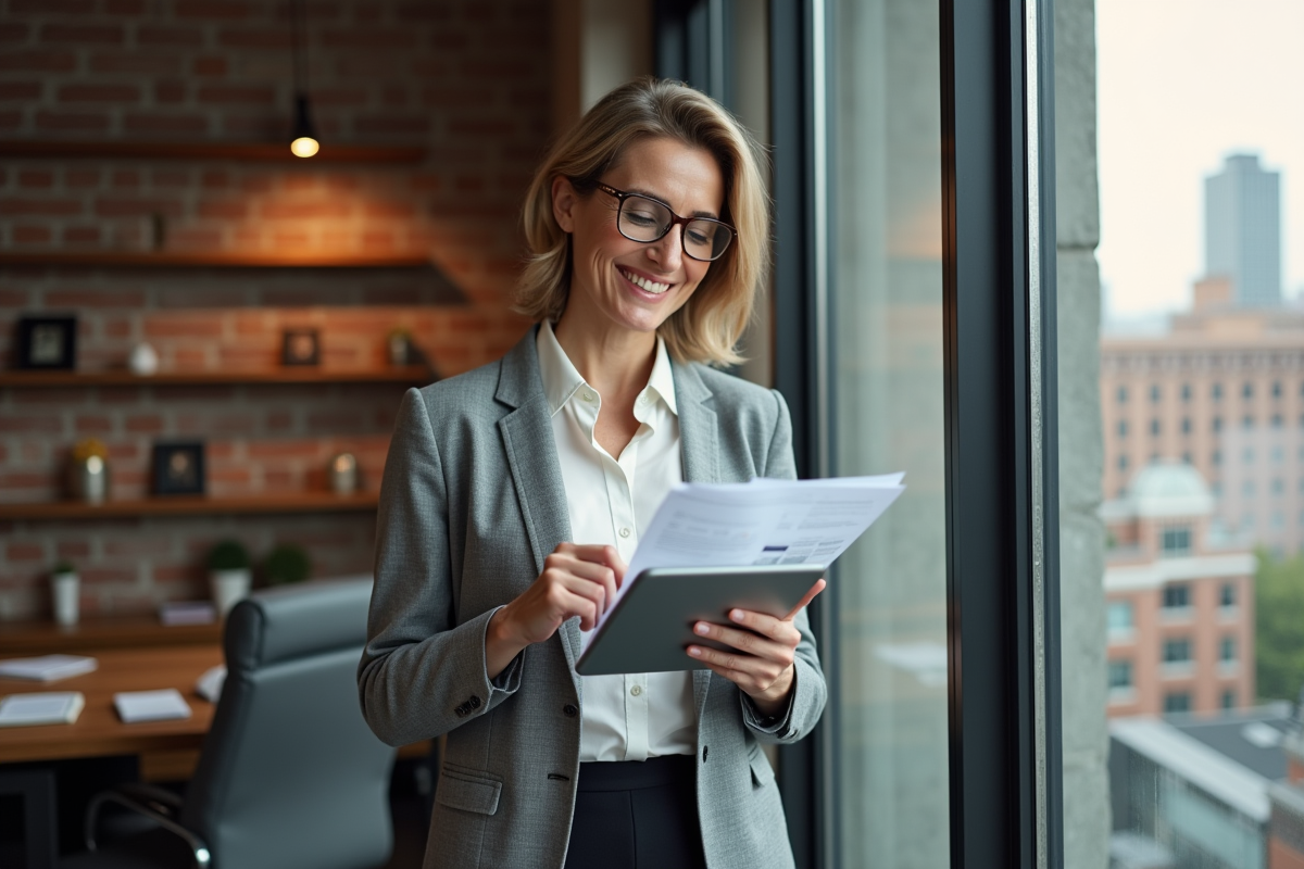 Femme entrepreneure en coworking examinant des rapports financiers