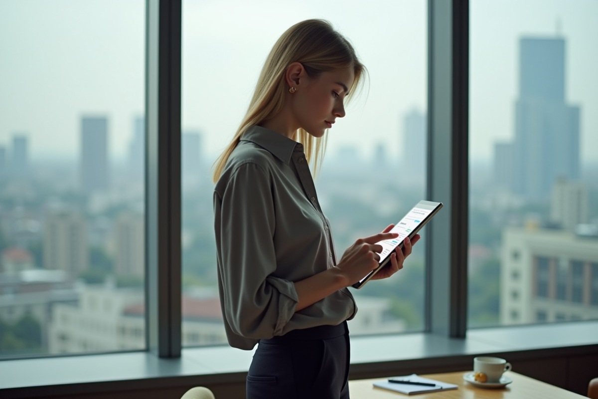 Jeune femme en coworking regardant un rapport financier sur tablette