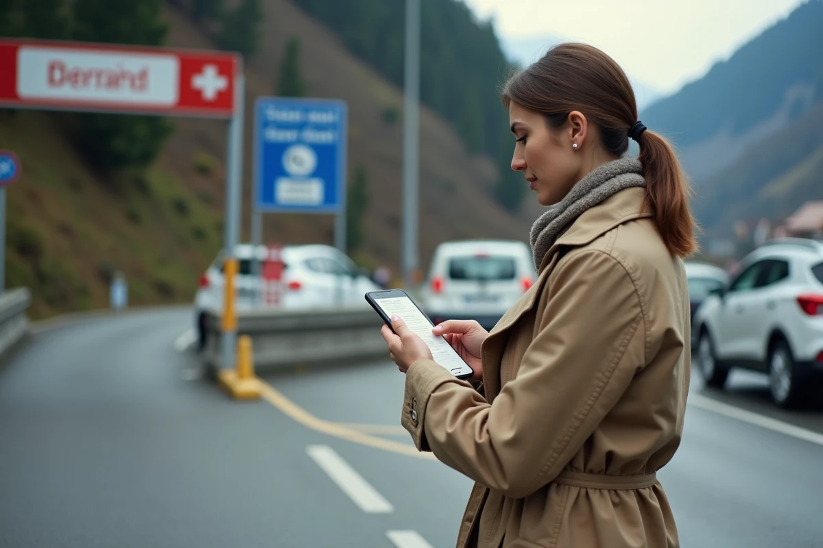 Femme à la frontière franco-suisse comparant les prix des cigarettes en euros sur son téléphone