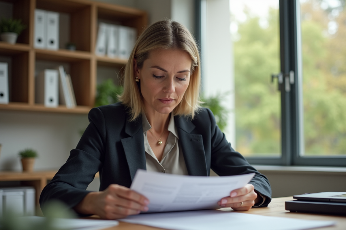 Femme d affaires dans un bureau moderne examinant des documents immobiliers
