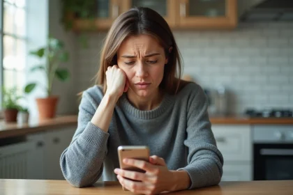 Femme inquiète regardant son téléphone en attendant un virement CAF sur son compte bancaire
