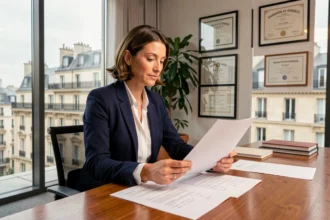 Femme investisseuse analysant des documents de placement SCPI dans un bureau avec vue sur une ville européenne