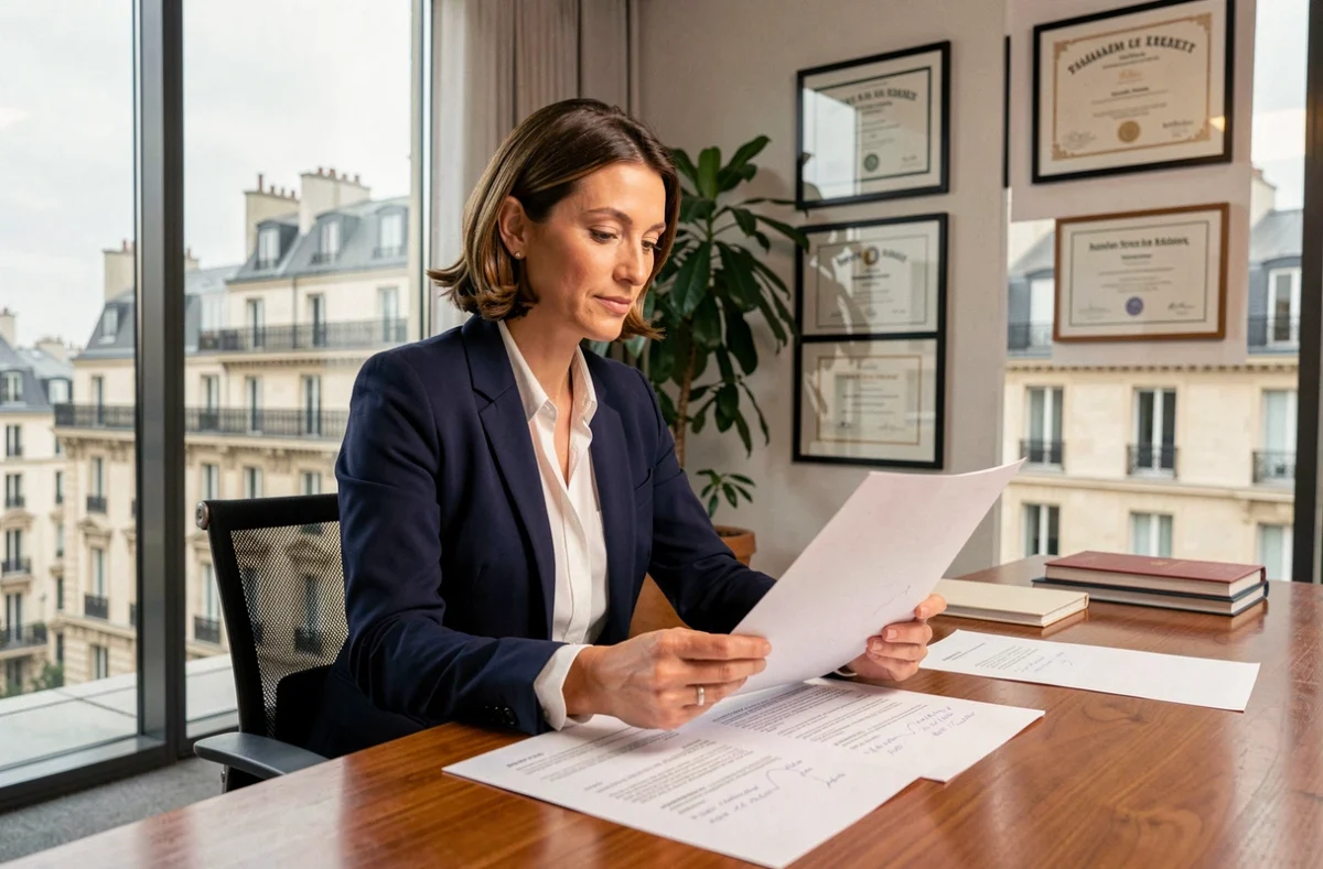 Femme investisseuse analysant des documents de placement SCPI dans un bureau avec vue sur une ville européenne