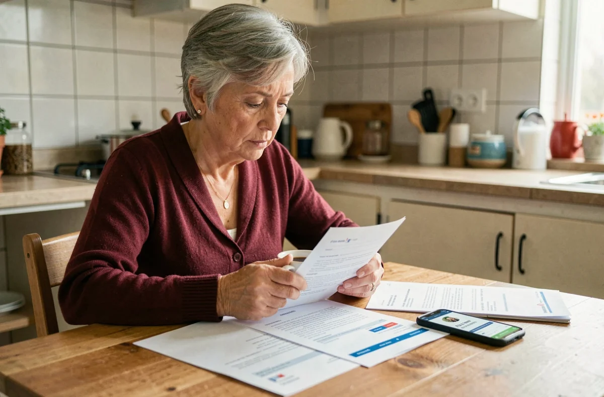 Femme lisant un courrier d'allocation chômage à la maison avec un smartphone